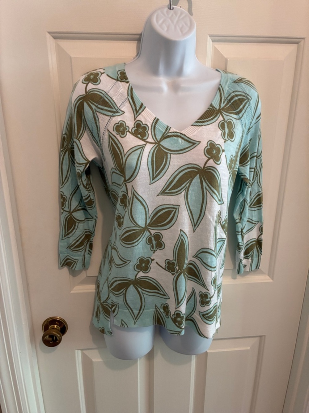 Talbots White, Blue, & Green V-Neck Top, Lightweight, XS